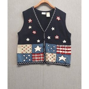 Vtg Bobbie Brooks Patchwork Knit Vest XL Americana Patriotic Embroidered Boho